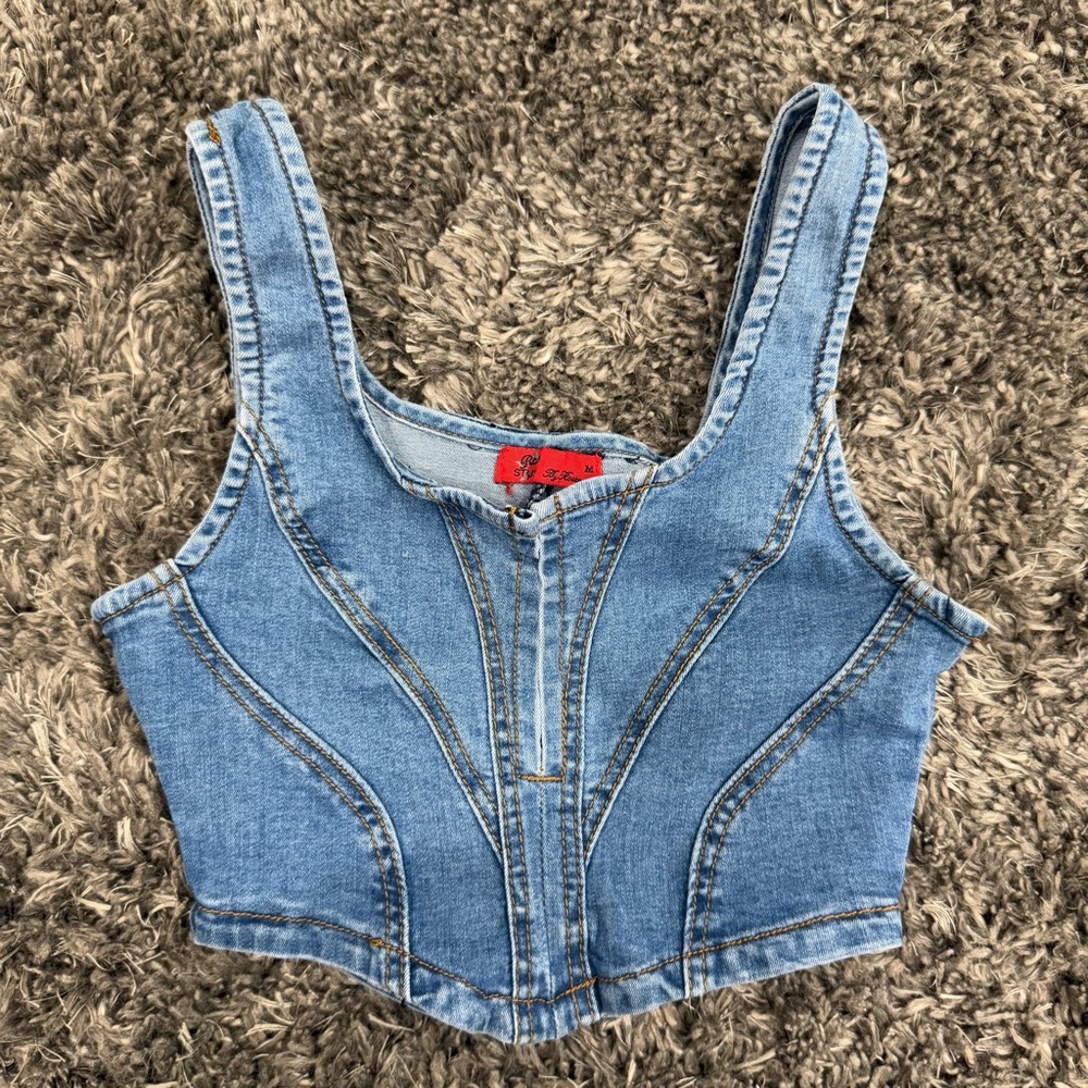 Roma Studio Corset Denim Crop Top Tank in Blue, Size M